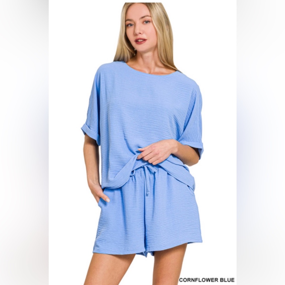 384 🌻ZENANA WOVEN AIRFLOW TOP & SHORTS SET